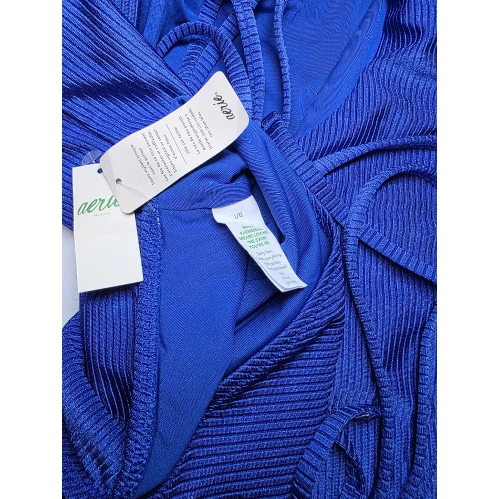 Aerie Blue Ribbed One Shoulder Wrap Tie One Piece Swimsuit NWT Size L